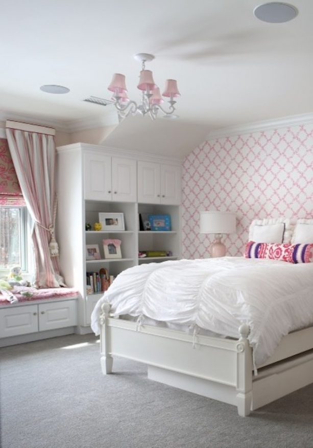 pink chandelier covers and white furniture make a pretty transitional bedroom