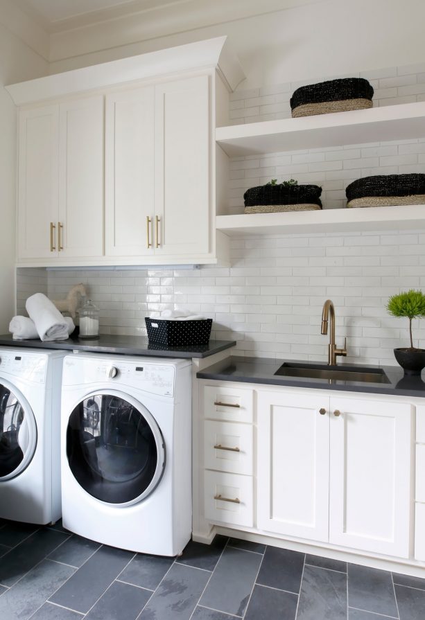 black and white laundry room