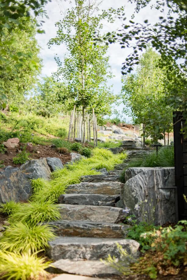 boulder steps to create low-maintenance hillside landscaping