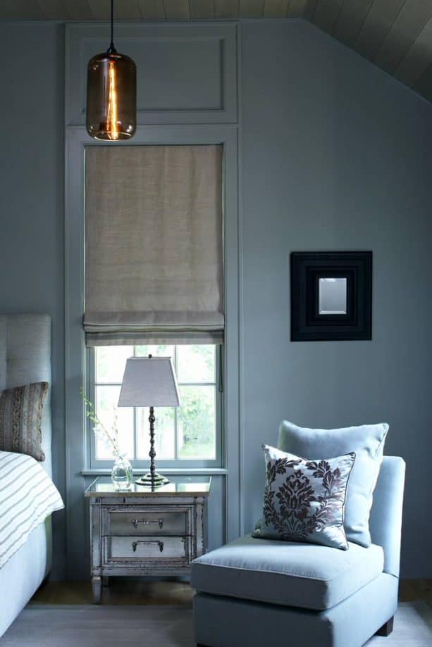 contemporary victorian bedroom with blue gray wall and trim paint color