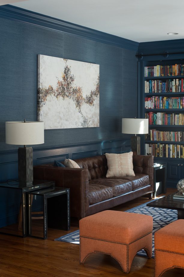 contemporary living and reading room with Benjamin Moore Newburyport Blue HC-155 wall and trim paint color