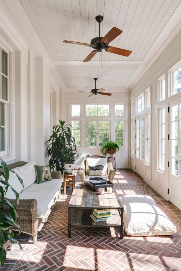 traditional sunroom with beadboard ceiling