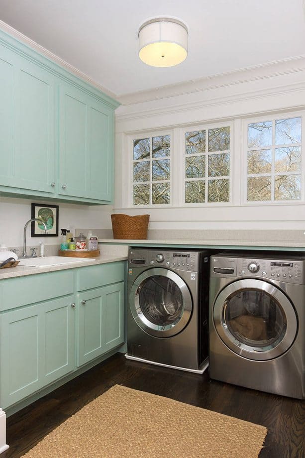 white and pastel blue laundry room