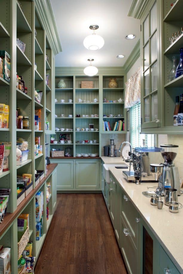 beautiful open pantry cabinets with sage green color