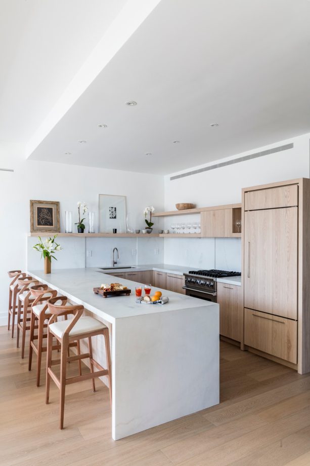 milk oak cabinets with calacatta lincoln quartz countertops