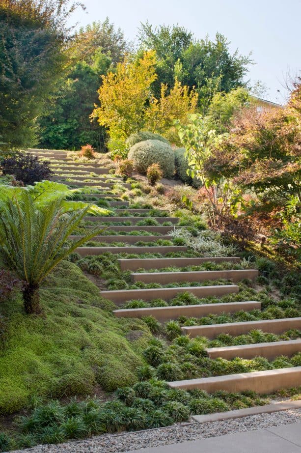 modern shade landscape on a hillside slope