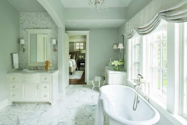 luxurious transitional bathroom with benjamin moore silver chain 1472 wall paint
