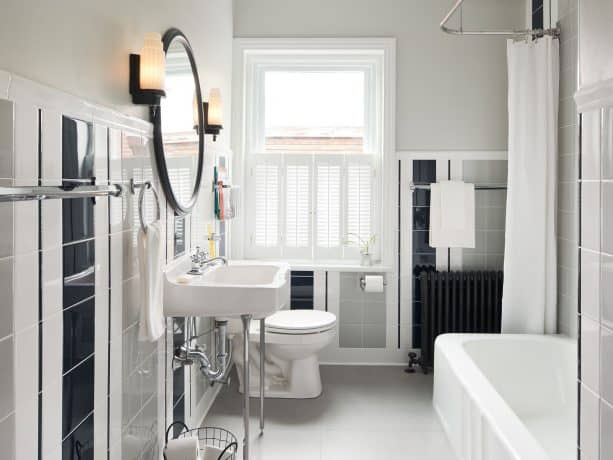 narrow eclectic bathroom design with benjamin moore gray owl OC-52 paint color