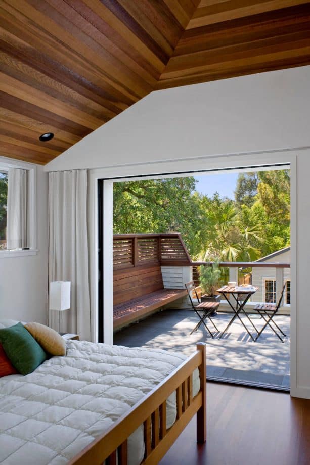 dark hardwood privacy screen with built-in bench