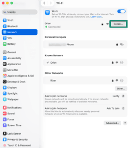 Mac Network settings with connected Wi-Fi and Details option highlighted