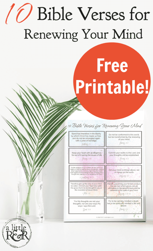 framed picture of free printable set of verses for renewing your mind next to a vase with a fern branch