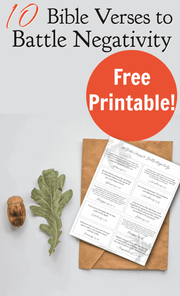 layout of printable sheet of Bible verses to battle negativity.