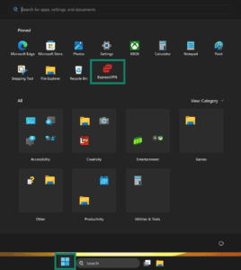 Windows 11 Start menu showing "ExpressVPN" icon highlighted inside a teal box.