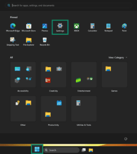 Windows 11 Start menu showing the "Settings" icon and the taskbar Start button highlighted inside teal boxes.