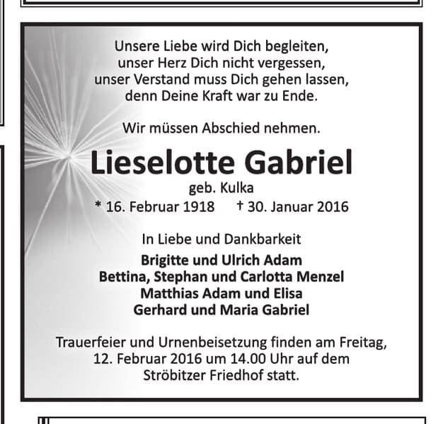 Traueranzeige Lieselotte Gabriel, geb. Kulka