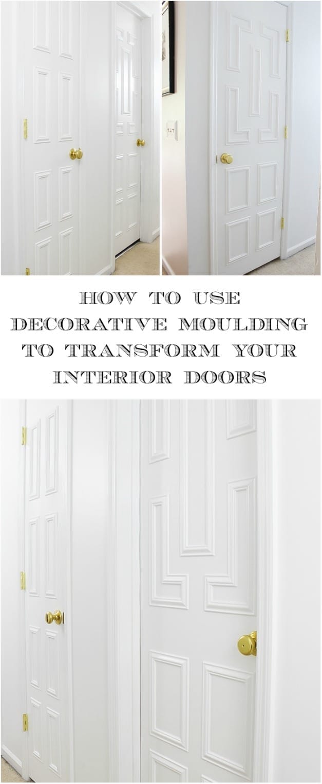 Makeover tutorial of plain flat front hollow core interior doors using decorative trim moulding and white paint.