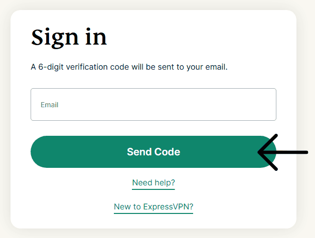 ExpressVPN sign-in screen with email field and Send Code button.