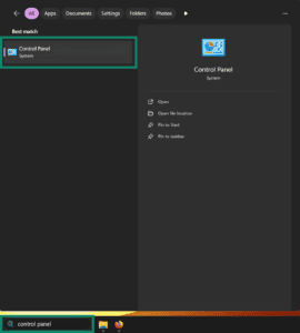 Windows 11 Start menu search interface showing "Control Panel" as the best match, highlighted inside a teal box.