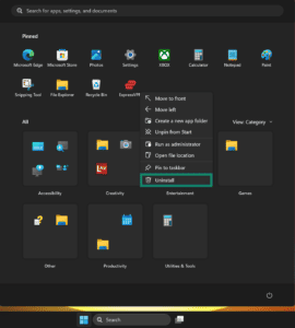 Windows 11 Start menu showing the right-click context menu for the ExpressVPN app, with the "Uninstall" option highlighted inside a teal box.