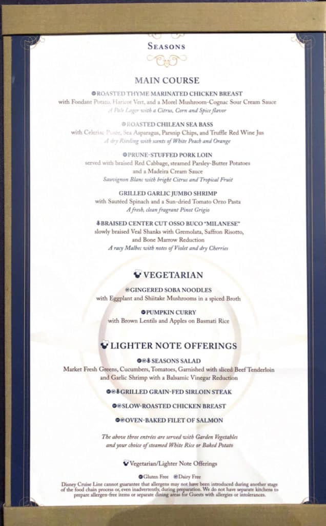 Page 2 Seasons Menu Disney Magic Westbound Transatlantic Cruise