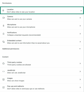 Chrome Site settings Permissions section with Location option highlighted
