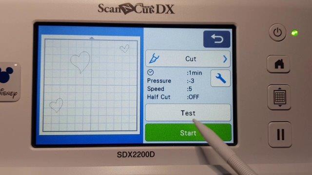 Picture of the Test cut button and oterh Scan N Cut settings