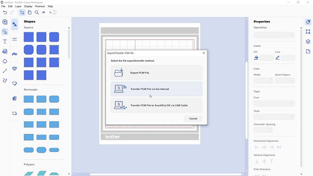 Screen showing the options of Export FCM file, Transfer FCM file to your Scan N Cut or Transfer FCM file via cable to your Scan N Cut.