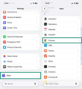 iPhone Settings menu with Apps highlighted, and Apps list showing Chrome highlighted