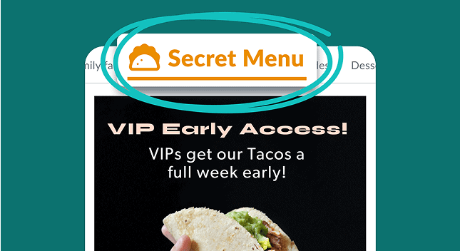 Illustration of a secret menu concept for a loyalty program, showing a person viewing exclusive menu items on a mobile phone, with food icons and reward symbols in the background.