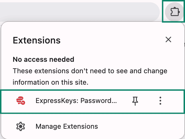 The Extension menu in Google Chrome, showing the ExpressKeys extension.