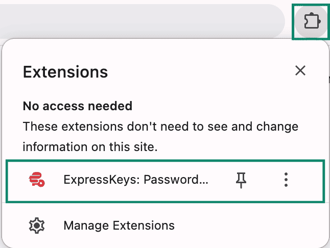 The Extension menu on Google Chrome, with a highlighted ExpressKeys extension.