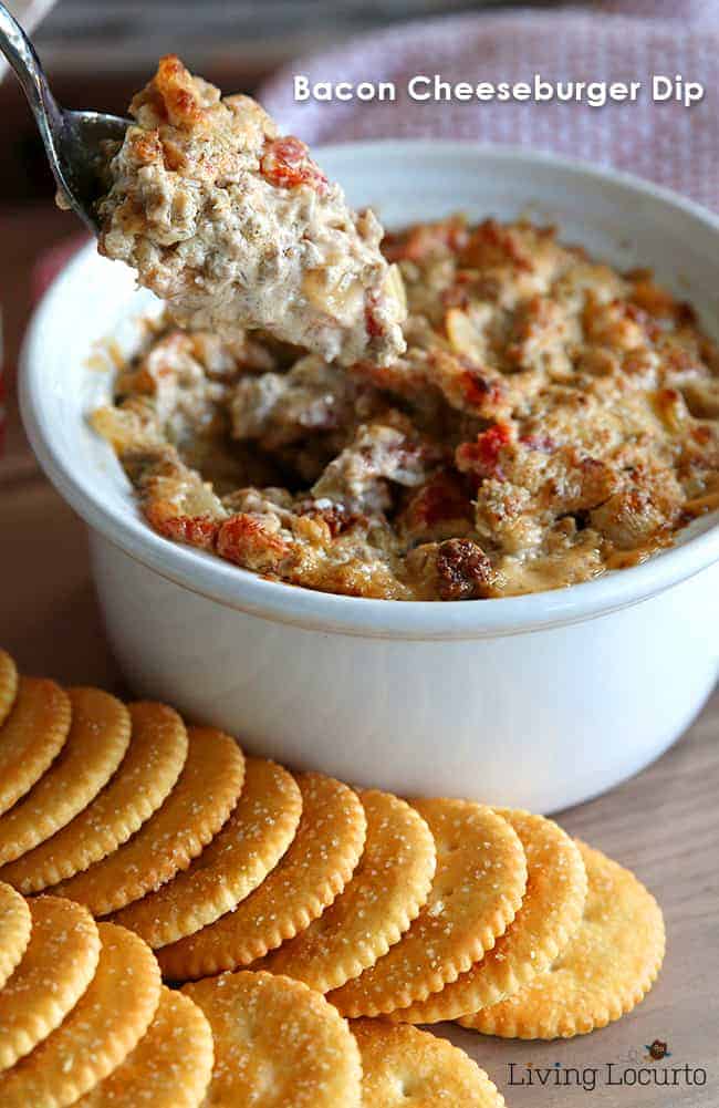 Bacon Cheeseburger Dip! It's super addictive, watch out… you might end up eating the whole bowl of dip yourself! Perfect recipe for watching football or taking to your next party. LivingLocurto.com