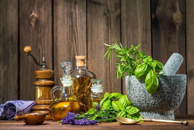 Mortar with herbs and oil