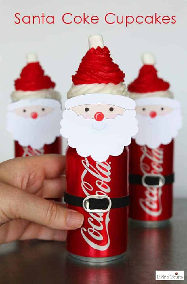 Santa Cupcakes made with Mini Coke Cans. An adorable Christmas fun food party craft idea! Easy holiday dessert idea for kids.