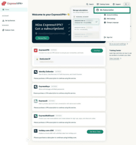 ExpressVPN+ dashboard showing My Subscription highlighted.