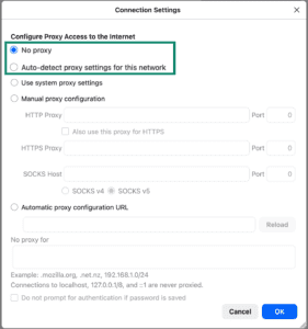 Different proxy options in the connection settings menu of Firefox