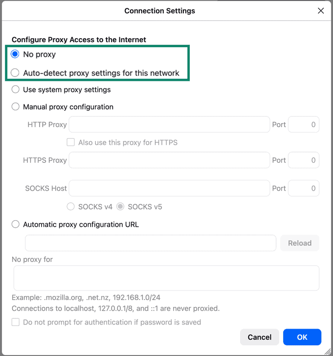 Different proxy options in the connection settings menu of Firefox