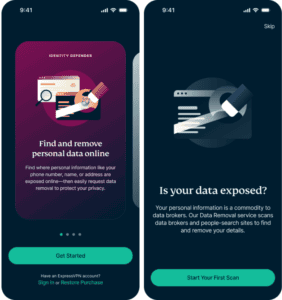 The welcome screen in the Identity Defender app on the left and the free scan screen on the right.