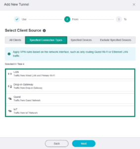GL.iNet Fortify page for adding a new VPN tunnel. The "Specified Connection Types" tab and available network interfaces are highlighted.