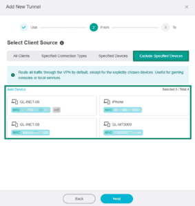 GL.iNet Fortify page for adding a new VPN tunnel. The "Exclude Specified Devices" tab and available devices are highlighted.
