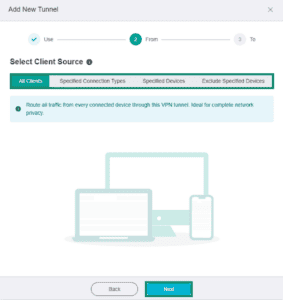 GL.iNet Fortify page for adding a new VPN tunnel, showing the client source window. The client source tabs and "Next" button are highlighted.