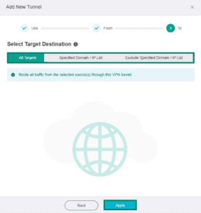 GL.iNet Fortify page for adding a new VPN tunnel, showing the target destination window. The target destination tabs and "Apply" button are highlighted.