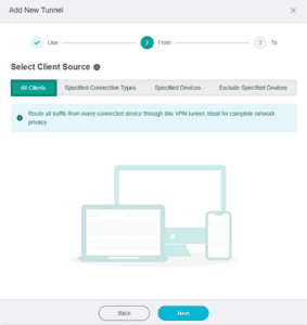 GL.iNet Fortify page for adding a new VPN tunnel, showing a highlighted "All Clients" tab.