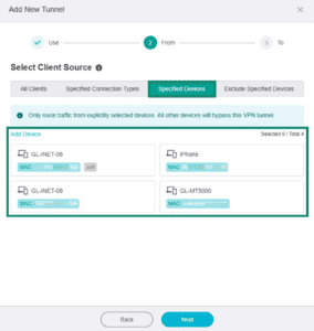 GL.iNet Fortify page for adding a new VPN tunnel. The "Specified Devices" tab and available devices are highlighted.