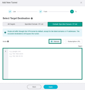 GL.iNet Fortify page for adding a new VPN tunnel, showing a highlighted "Exclude Specified Domain / IP List" tab, "Manual" option, and domain and IP table.