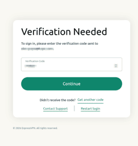 ExpressVPN dashboard showing the verification code sent via email.
