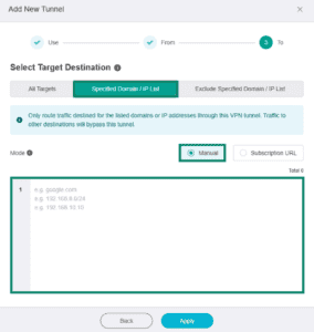 GL.iNet Fortify page for adding a new VPN tunnel, showing a highlighted "Specified Domain / IP List" tab, "Manual" option, and domain and IP table.