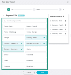 GL.iNet Fortify page for adding a new VPN tunnel, showing highlighted server profiles and a search bar.