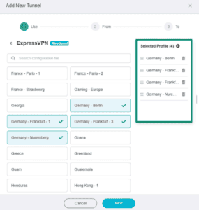 GL.iNet Fortify page for adding a new VPN tunnel, showing a highlighted "Selected Profile" list.