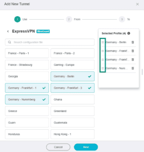 GL.iNet Fortify page for adding a new VPN tunnel, showing highlighted hamburger icons next to selected profiles.